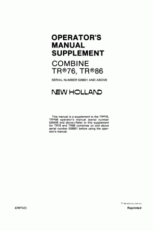 New Holland TR76, TR86 Operator`s Manual