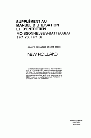 New Holland TR86 Operator`s Manual