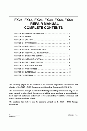 New Holland FX25, FX28, FX38, FX45, FX48, FX58 Service Manual