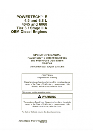 John Deere Deutz PowerTech E 4.5 and 6.8 L 4045 and 6068 Tier 3 Stage III-A Diesel Engines Operator's and Maintenance Manual