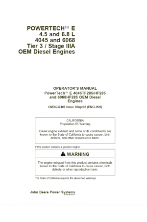 John Deere Deutz PowerTech E 4.5 and 6.8 L 4045 and 6068 Tier 3 Stage III-A Diesel Engines Operator's and Maintenance Manual