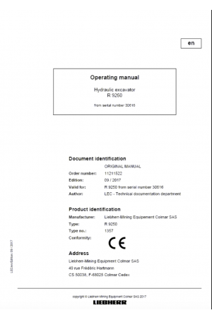 Liebherr Liebherr R9250 Hydraulic Excavator Operator's and Maintenance Manual