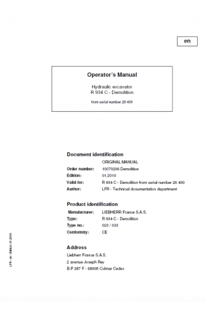 Liebherr Liebherr R934C Hydraulic Excavator Tier 3 Stage III-A Operator's and Maintenance Manual
