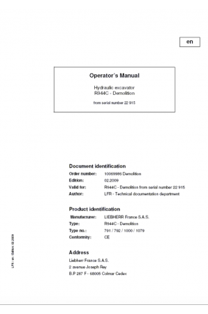 Liebherr Liebherr R944C Hydraulic Excavator Tier 3 Stage III-A Operator's and Maintenance Manual