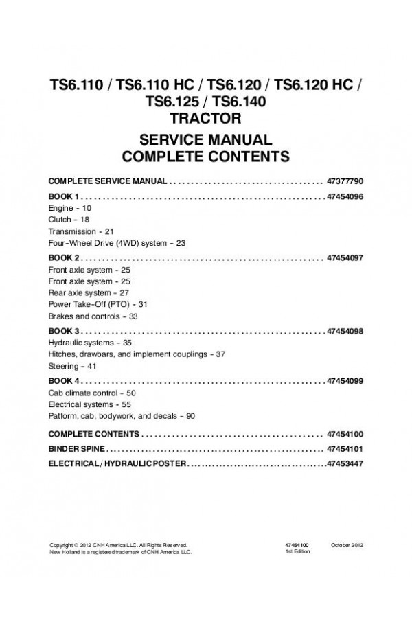 New Holland TS6.110, TS6.120, TS6.125, TS6.140 Service Manual