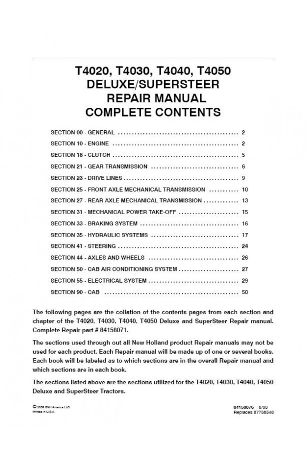New Holland T4020  T4030  T4040  T4050 Service Manual